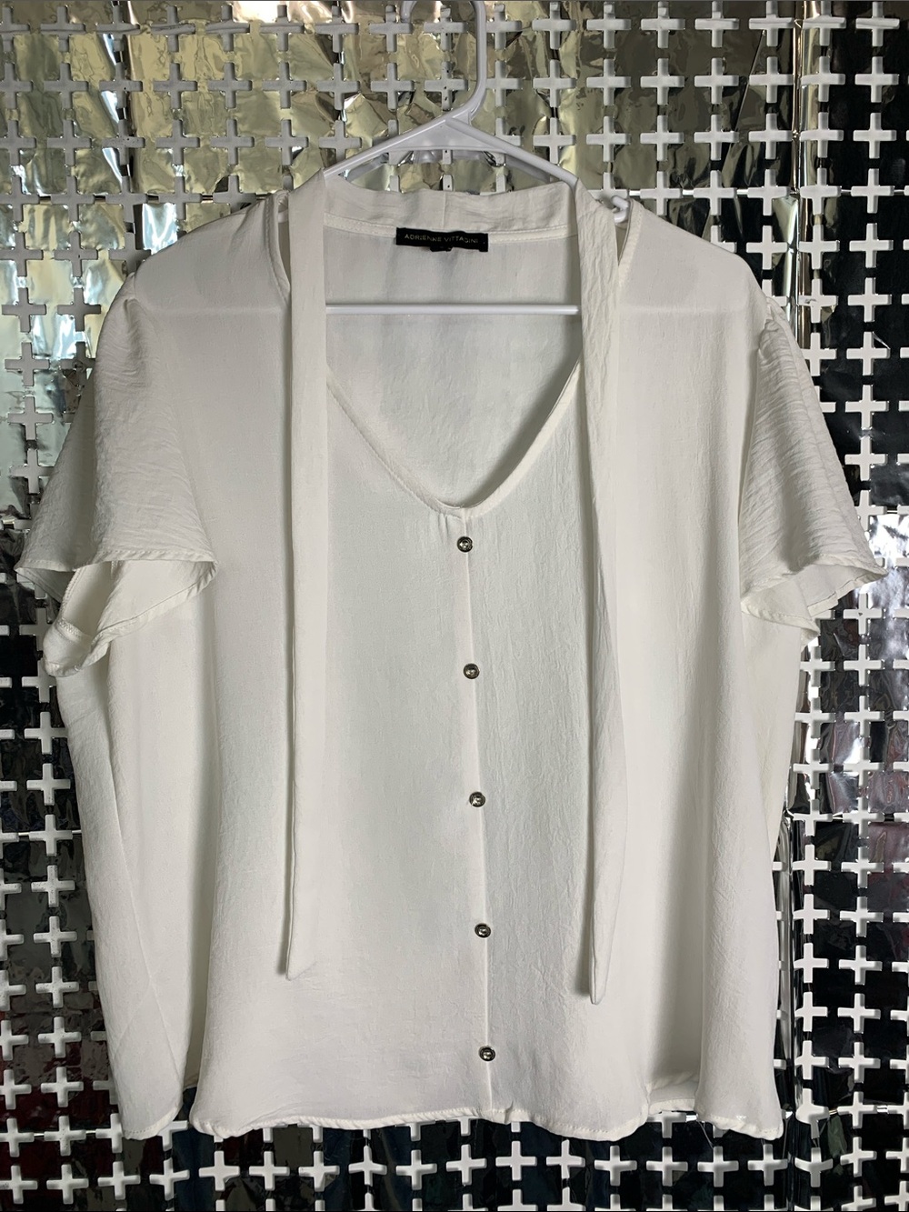 Adrianna Papell Ivory Tie-Neck Button Front Blouse